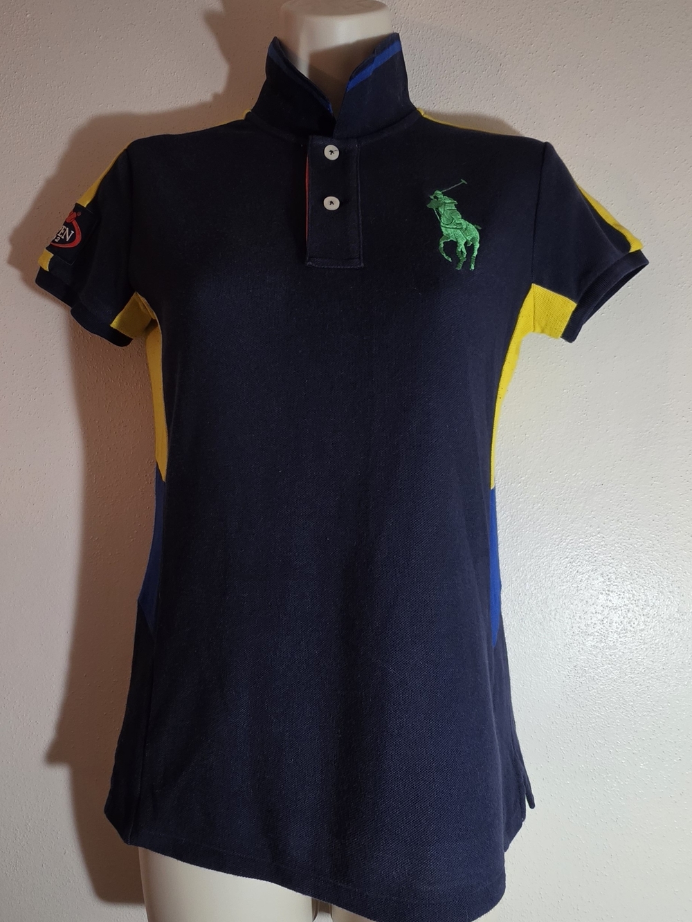 Ralph Lauren Navy Polo with Yellow Panels and Green Pony